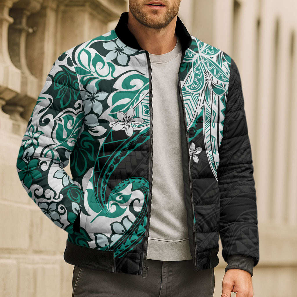 Monstera Plumeria Flowers Teal Bomber Puffer Jacket Polynesian Pattern LT01 - Polynesian Pride