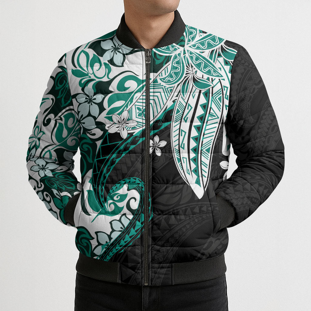 Monstera Plumeria Flowers Teal Bomber Puffer Jacket Polynesian Pattern LT01 - Polynesian Pride