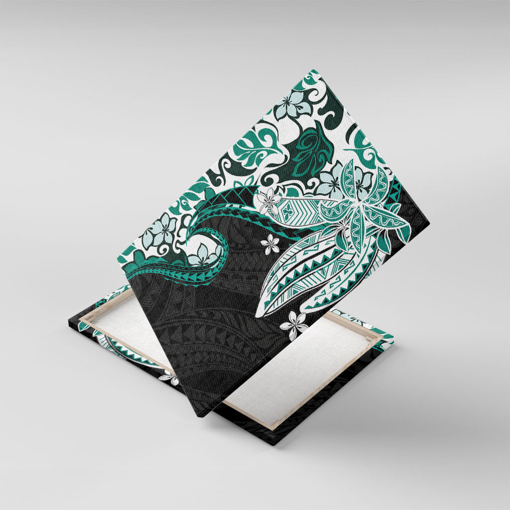 Monstera Plumeria Flowers Teal Canvas Wall Art Polynesian Pattern LT01 With Frame Teal - Polynesian Pride