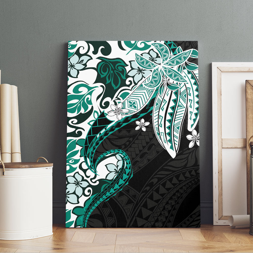 Monstera Plumeria Flowers Teal Canvas Wall Art Polynesian Pattern LT01 - Polynesian Pride