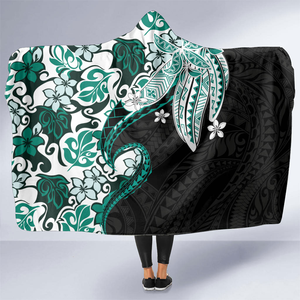 Monstera Plumeria Flowers Teal Hooded Blanket Polynesian Pattern LT01 One Size Teal - Polynesian Pride