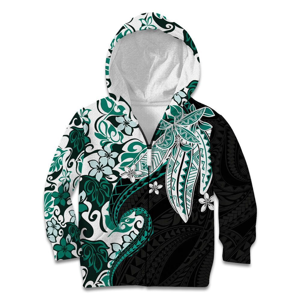 Monstera Plumeria Flowers Teal Kid Hoodie Polynesian Pattern LT01 Zip Hoodie Teal - Polynesian Pride