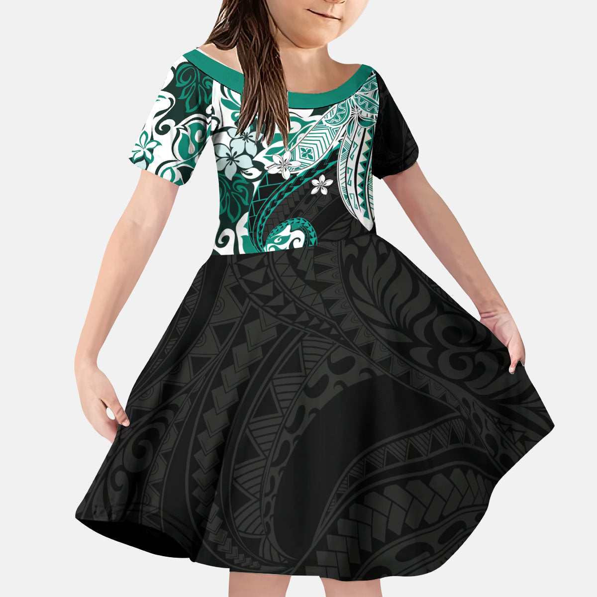 Monstera Plumeria Flowers Teal Kid Short Sleeve Dress Polynesian Pattern LT01 KID Teal - Polynesian Pride
