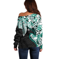 Monstera Plumeria Flowers Teal Off Shoulder Sweater Polynesian Pattern LT01 - Polynesian Pride