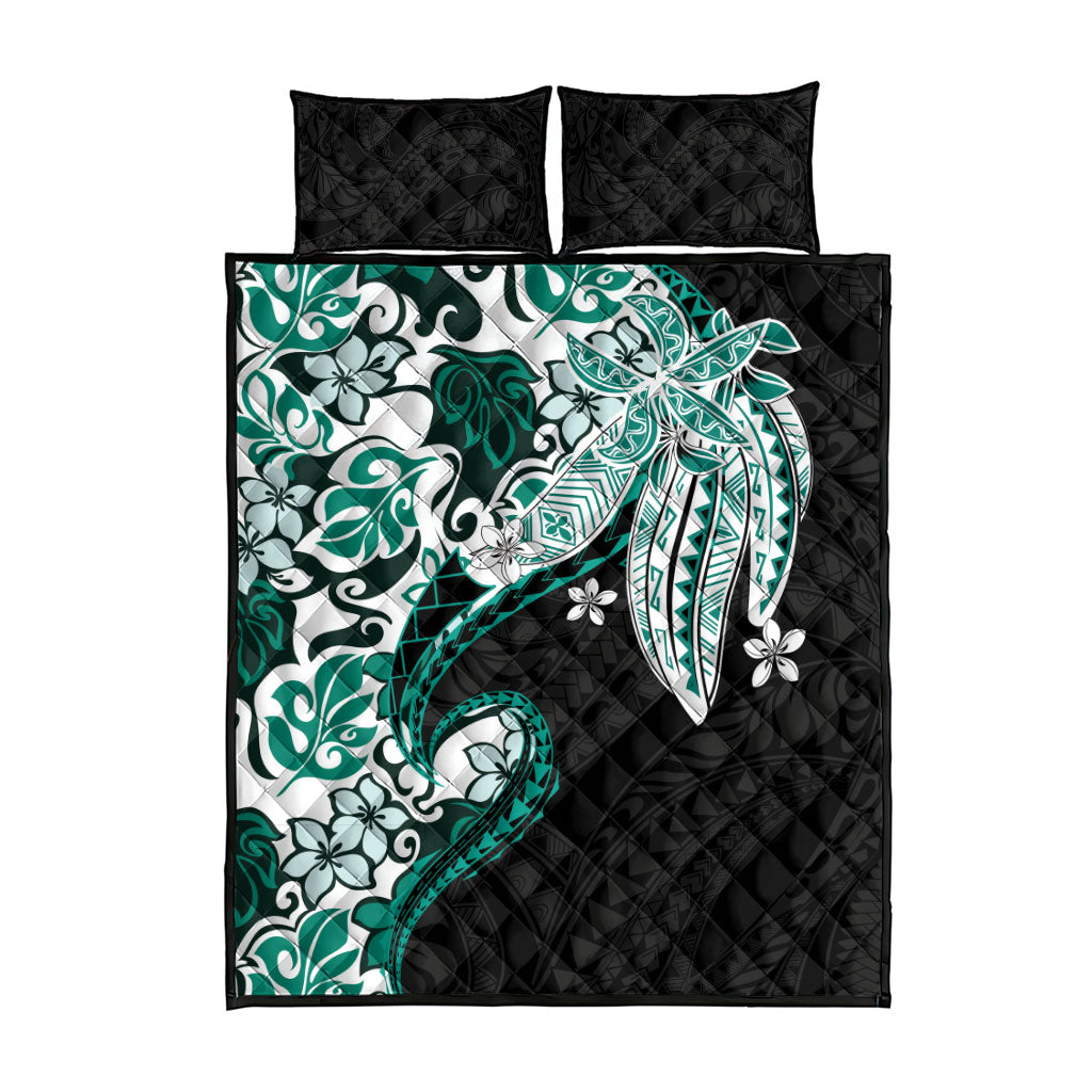 Monstera Plumeria Flowers Teal Quilt Bed Set Polynesian Pattern LT01 - Polynesian Pride