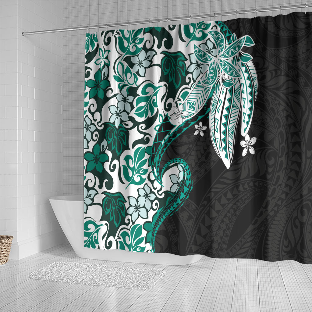 Monstera Plumeria Flowers Teal Shower Curtain Polynesian Pattern LT01 - Polynesian Pride