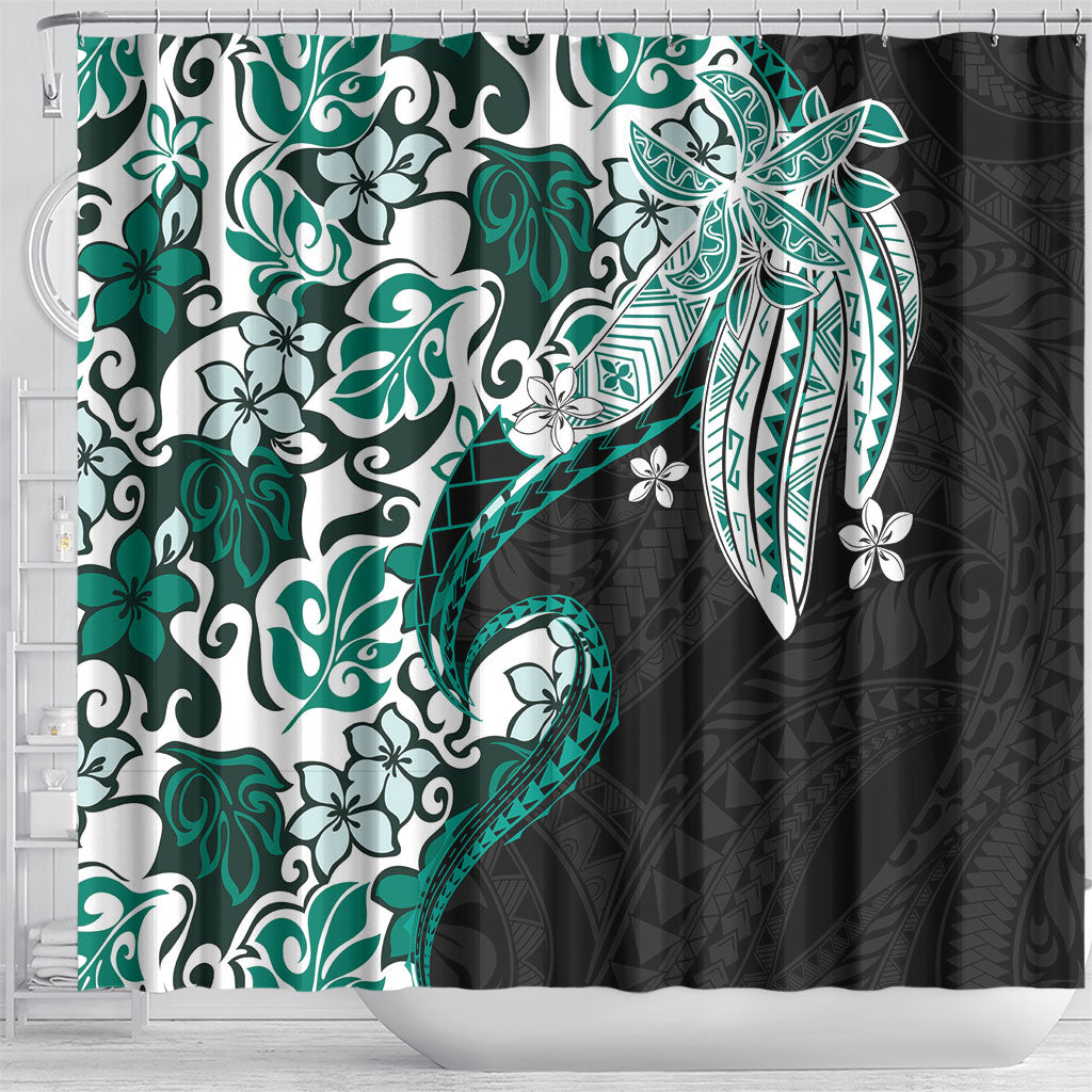 Monstera Plumeria Flowers Teal Shower Curtain Polynesian Pattern LT01 - Polynesian Pride