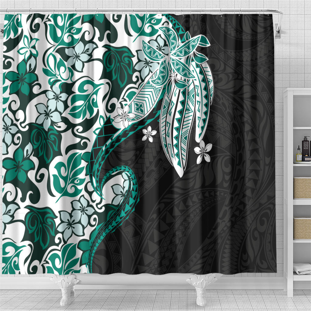 Monstera Plumeria Flowers Teal Shower Curtain Polynesian Pattern LT01 - Polynesian Pride