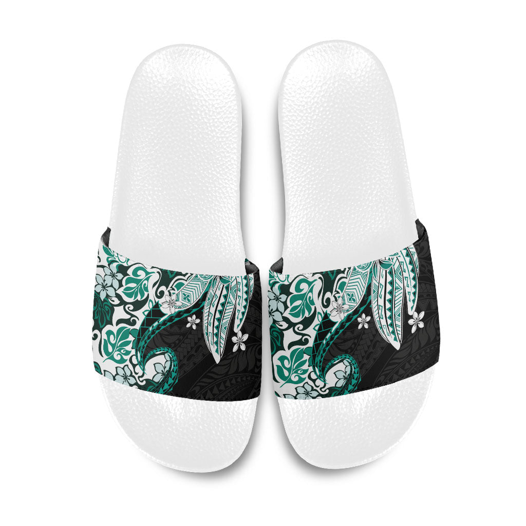 Monstera Plumeria Flowers Teal Slide Sandals Polynesian Pattern LT01 Teal - Polynesian Pride