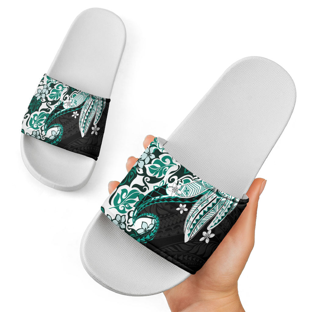 Monstera Plumeria Flowers Teal Slide Sandals Polynesian Pattern LT01 - Polynesian Pride