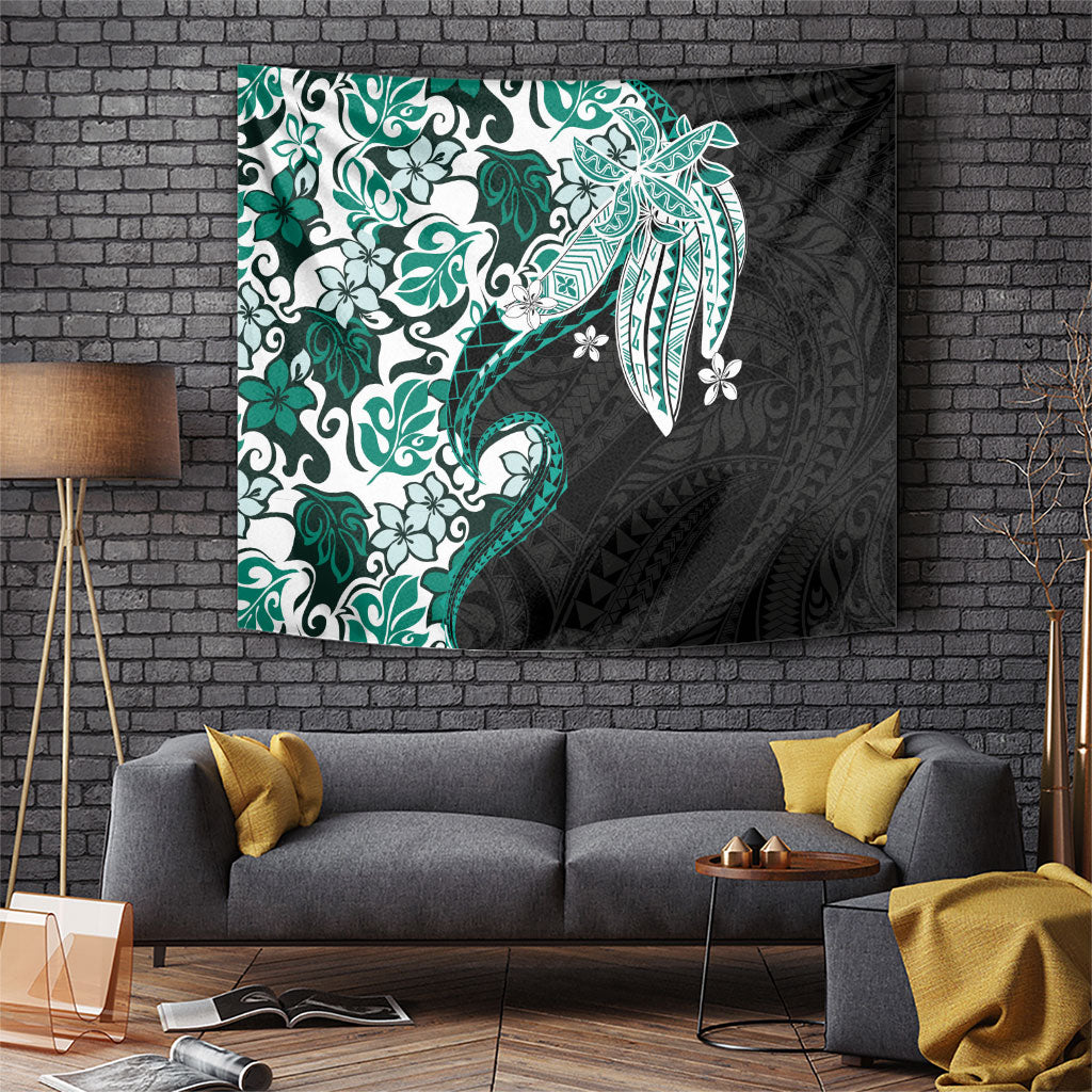 Monstera Plumeria Flowers Teal Tapestry Polynesian Pattern LT01 Teal - Polynesian Pride