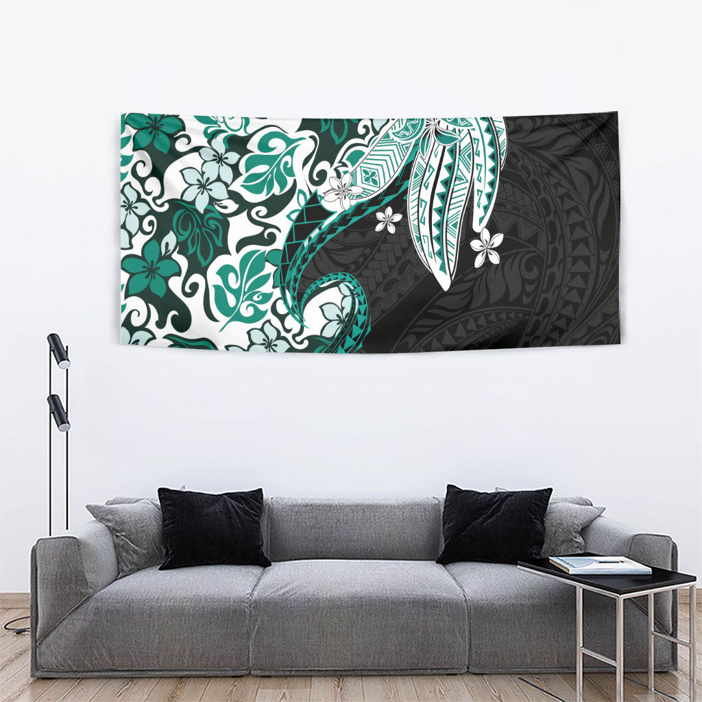 Monstera Plumeria Flowers Teal Tapestry Polynesian Pattern LT01 - Polynesian Pride