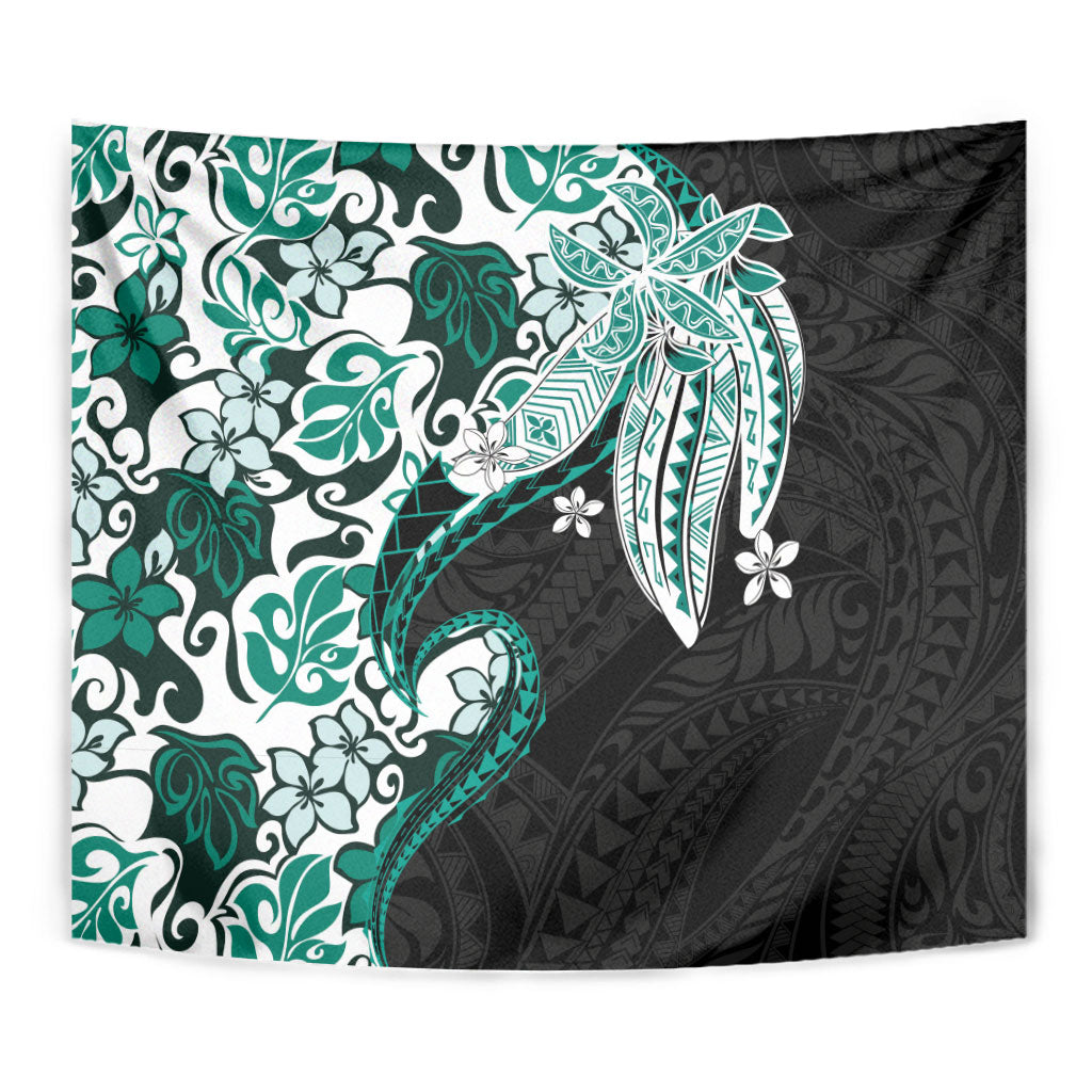 Monstera Plumeria Flowers Teal Tapestry Polynesian Pattern LT01 - Polynesian Pride