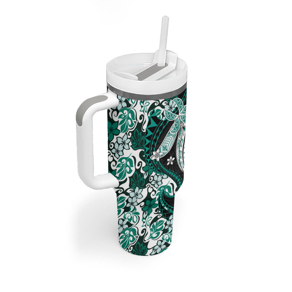Monstera Plumeria Flowers Teal Tumbler With Handle Polynesian Pattern LT01 - Polynesian Pride