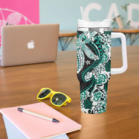 Monstera Plumeria Flowers Teal Tumbler With Handle Polynesian Pattern LT01 - Polynesian Pride