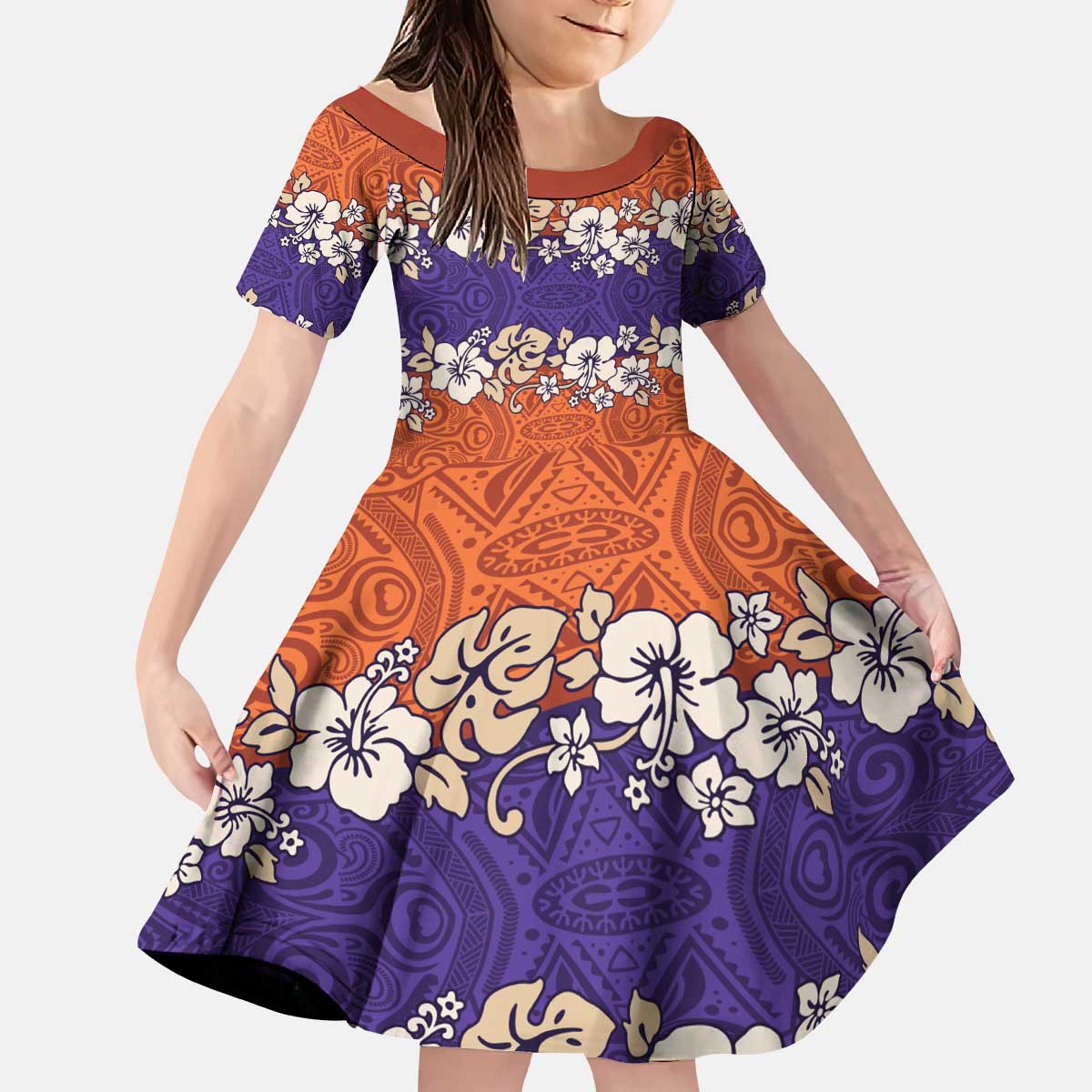 Hawaiian Hibiscus Kid Short Sleeve Dress Orange and Purple Unique LT01 KID Orange - Polynesian Pride