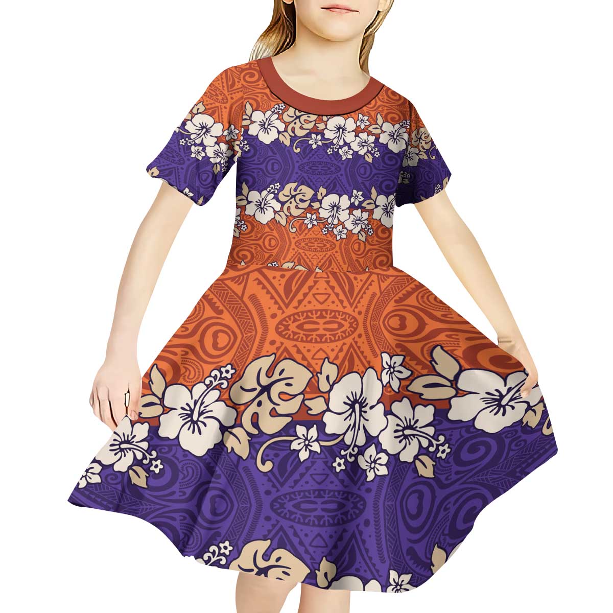 Hawaiian Hibiscus Kid Short Sleeve Dress Orange and Purple Unique LT01 - Polynesian Pride