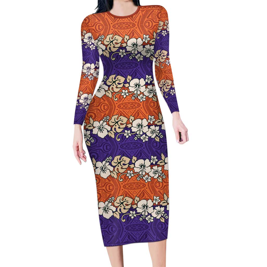 Hawaiian Hibiscus Long Sleeve Bodycon Dress Orange and Purple Unique LT01 Long Dress Orange - Polynesian Pride