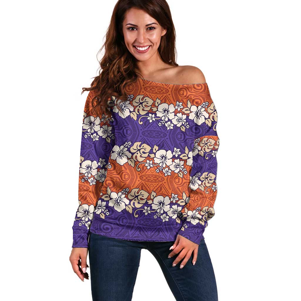 Hawaiian Hibiscus Off Shoulder Sweater Orange and Purple Unique LT01 Women Orange - Polynesian Pride