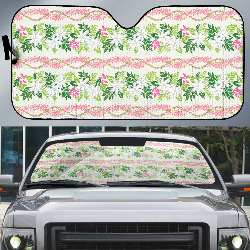 Monstera Tiare Plumeria Lei Pattern Auto Sun Shade Green Version LT01 Green - Polynesian Pride