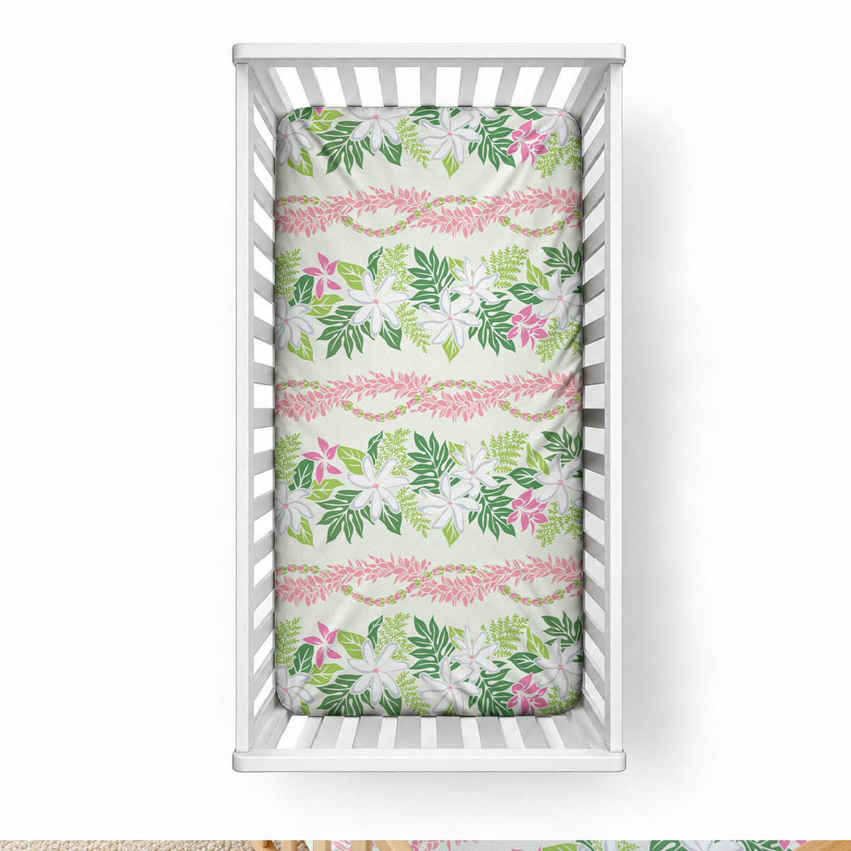 Monstera Tiare Plumeria Lei Pattern Baby Bed Cover Green Version
