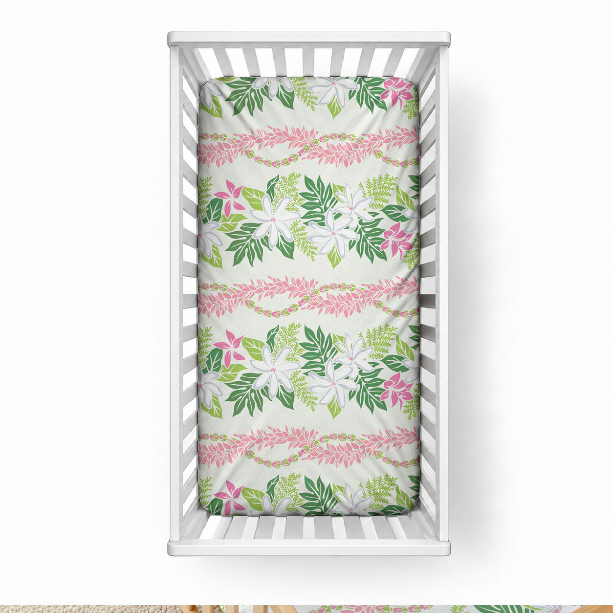 Monstera Tiare Plumeria Lei Pattern Baby Bed Cover Green Version