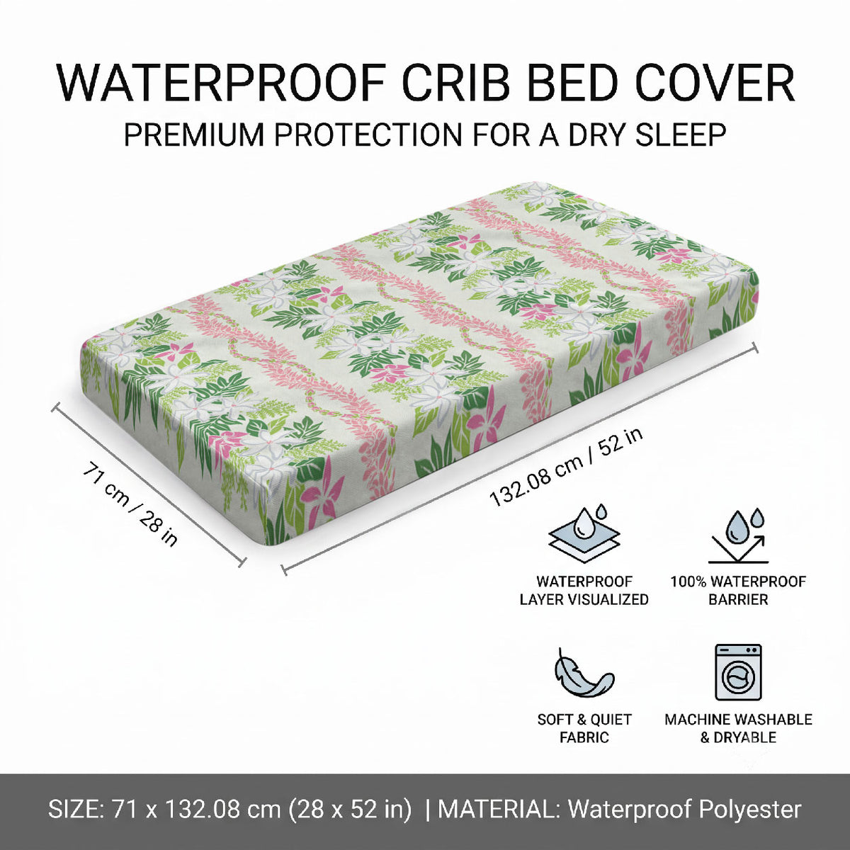 Monstera Tiare Plumeria Lei Pattern Baby Bed Cover Green Version