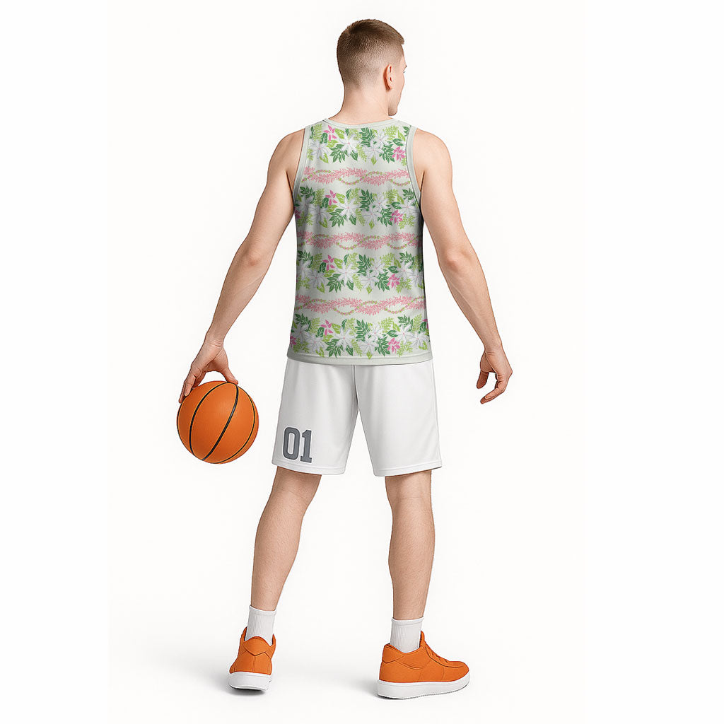 Monstera Tiare Plumeria Lei Pattern Basketball Jersey Green Version LT01 - Polynesian Pride