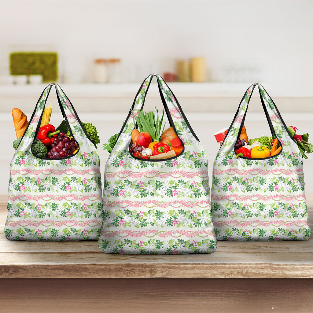Monstera Tiare Plumeria Lei Pattern Grocery Bag Green Version LT01 3-pack One Size Green - Polynesian Pride