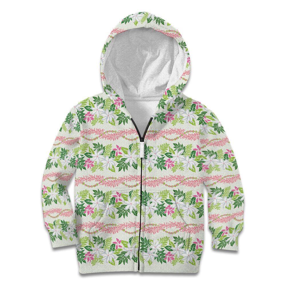 Monstera Tiare Plumeria Lei Pattern Kid Hoodie Green Version LT01 Zip Hoodie Green - Polynesian Pride
