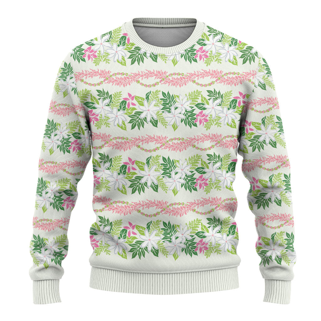 Monstera Tiare Plumeria Lei Pattern Ugly Christmas Sweater Green Version LT01 - Polynesian Pride