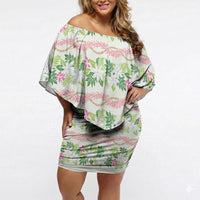 Monstera Tiare Plumeria Lei Pattern Off Shoulder Short Dress Green Version LT01 Women Green - Polynesian Pride