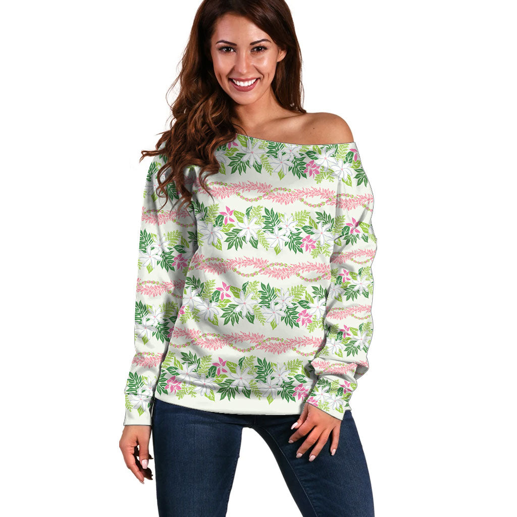 Monstera Tiare Plumeria Lei Pattern Off Shoulder Sweater Green Version LT01 Women Green - Polynesian Pride