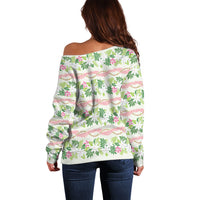 Monstera Tiare Plumeria Lei Pattern Off Shoulder Sweater Green Version LT01 - Polynesian Pride