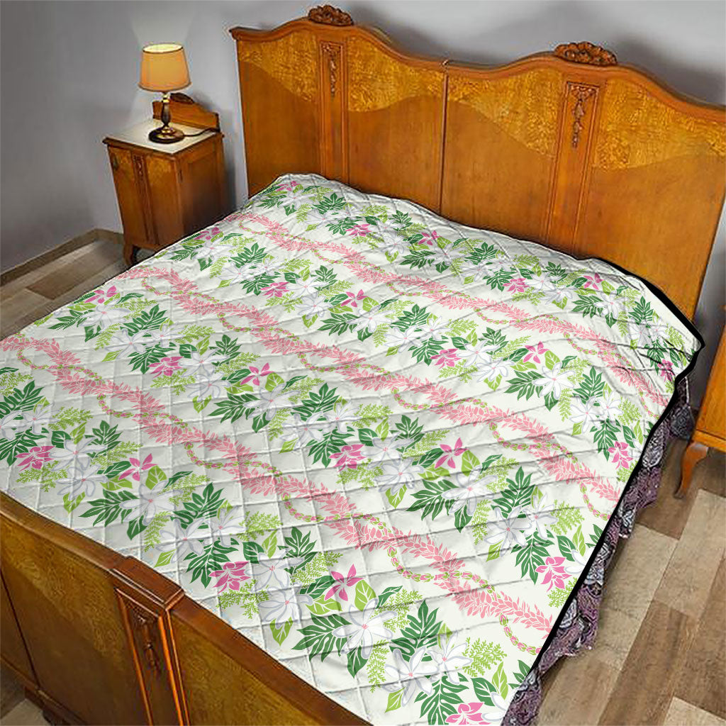 Monstera Tiare Plumeria Lei Pattern Quilt Green Version