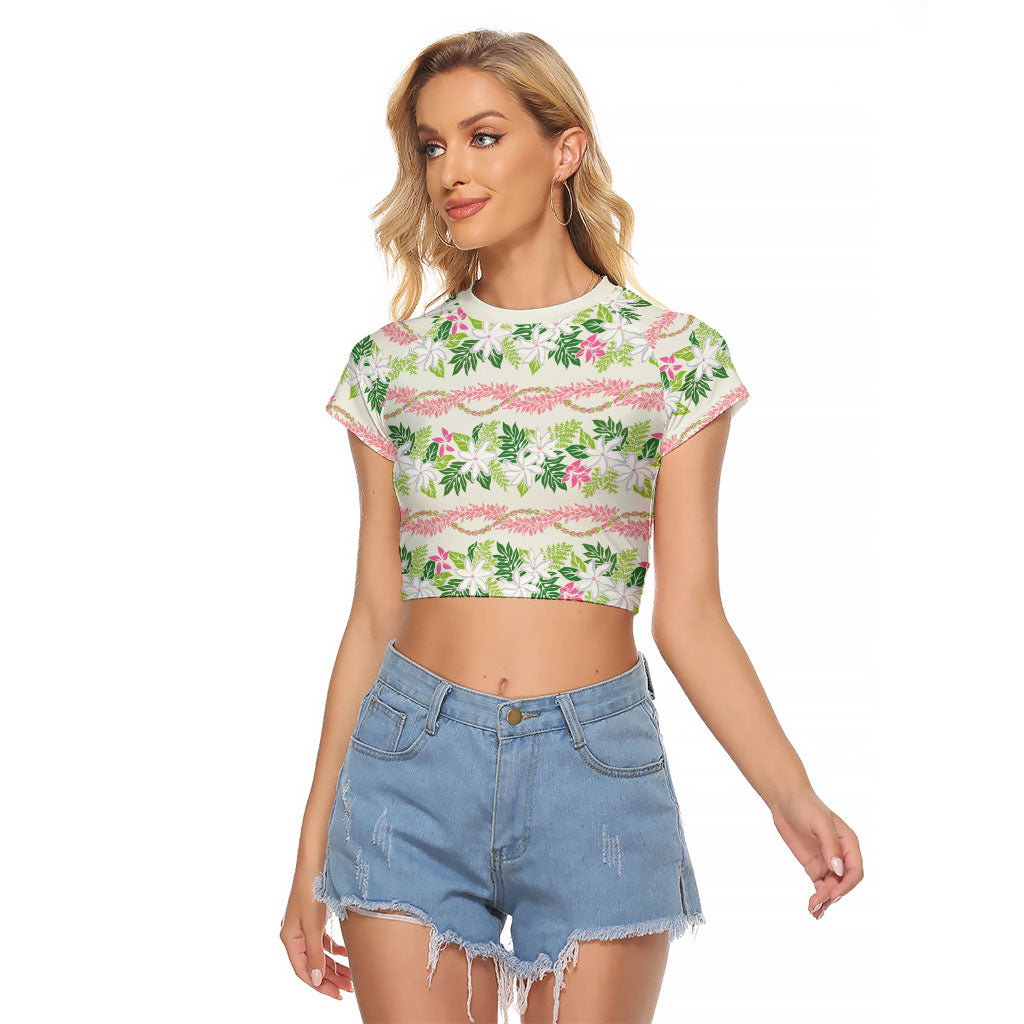 Monstera Tiare Plumeria Lei Pattern Raglan Cropped T Shirt Green Version