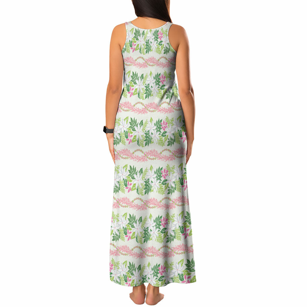 Monstera Tiare Plumeria Lei Pattern Tank Maxi Dress Green Version
