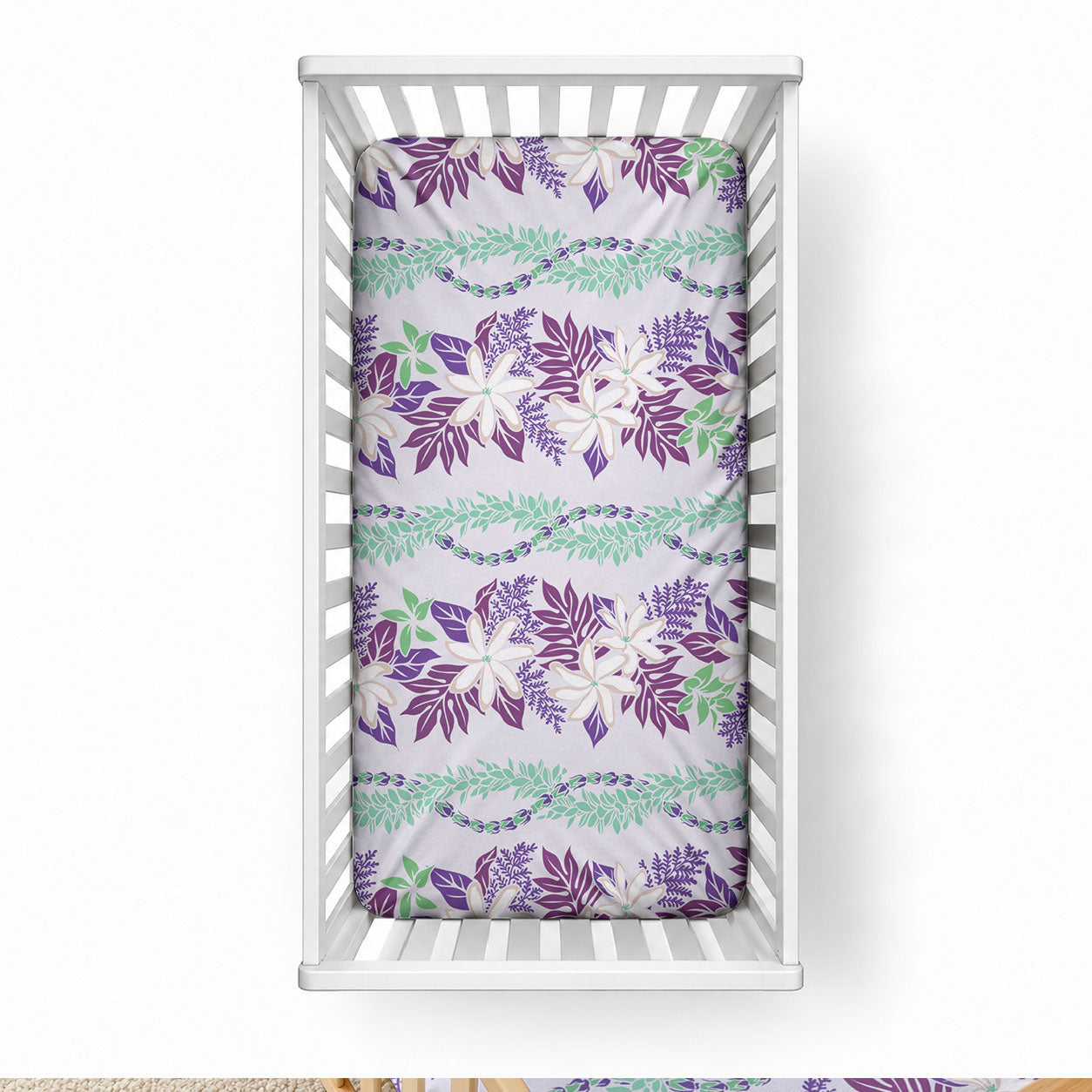 Monstera Tiare Plumeria Lei Pattern Baby Bed Cover Purple Version