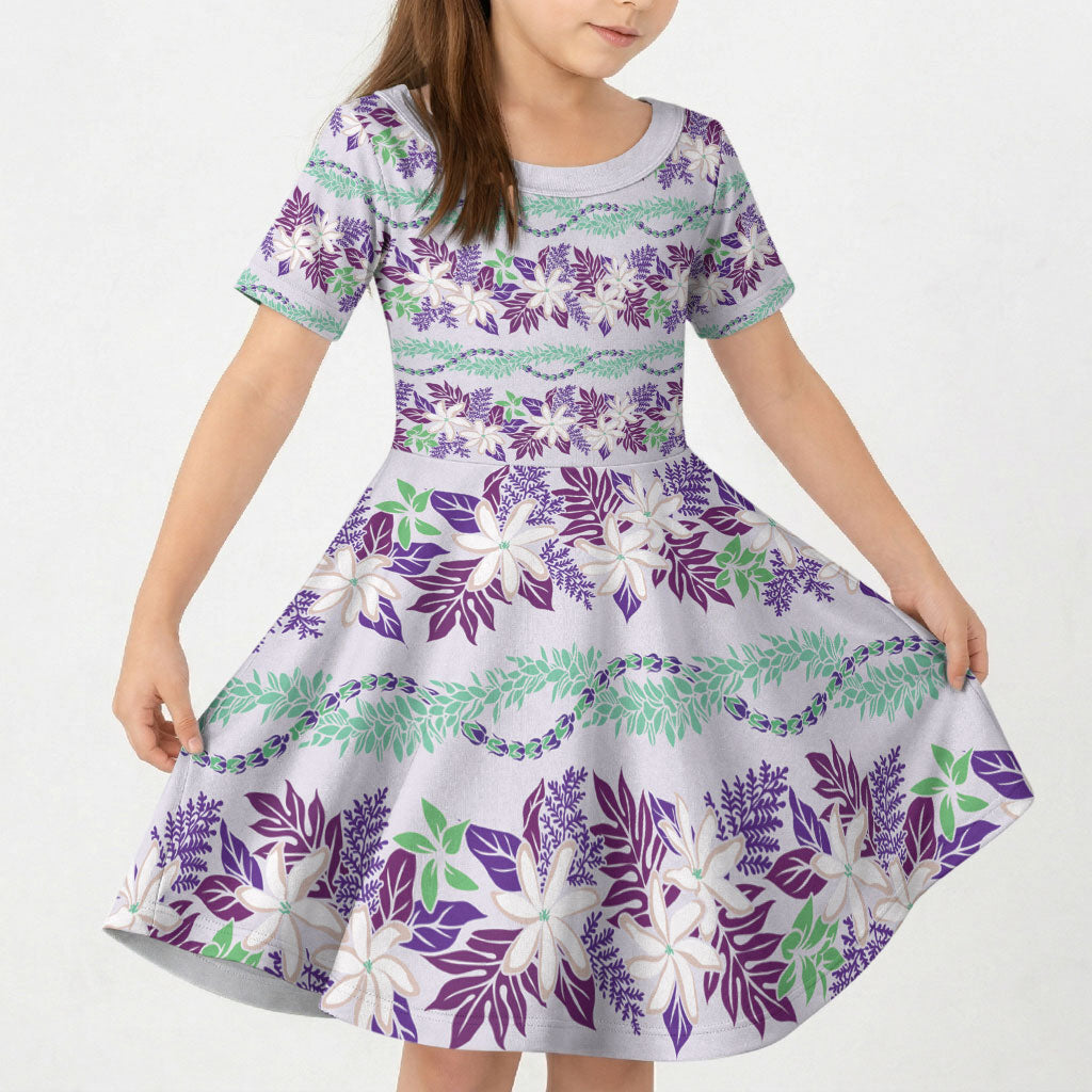 Monstera Tiare Plumeria Lei Pattern Kid Short Sleeve Dress Purple Version LT01 KID Purple - Polynesian Pride
