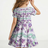 Monstera Tiare Plumeria Lei Pattern Kid Short Sleeve Dress Purple Version LT01 - Polynesian Pride