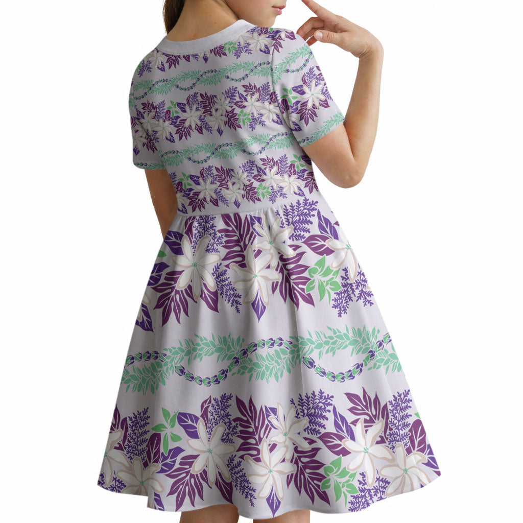 Monstera Tiare Plumeria Lei Pattern Kid Short Sleeve Dress Purple Version LT01 - Polynesian Pride