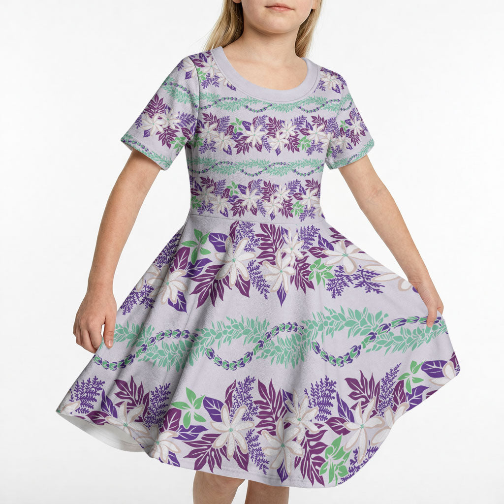 Monstera Tiare Plumeria Lei Pattern Kid Short Sleeve Dress Purple Version LT01 - Polynesian Pride