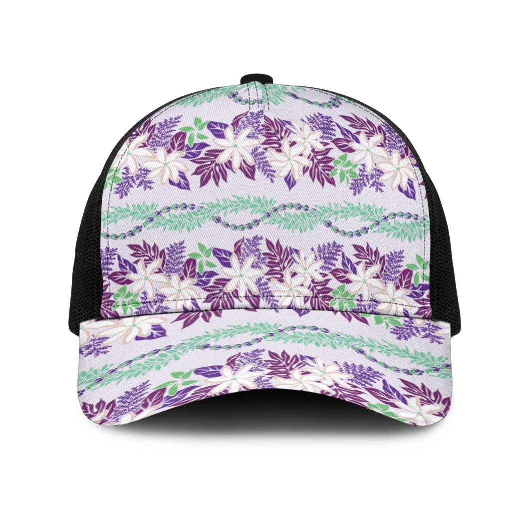 Monstera Tiare Plumeria Lei Pattern Mesh Trucker Cap Purple Version LT01 One Size Black Purple - Polynesian Pride