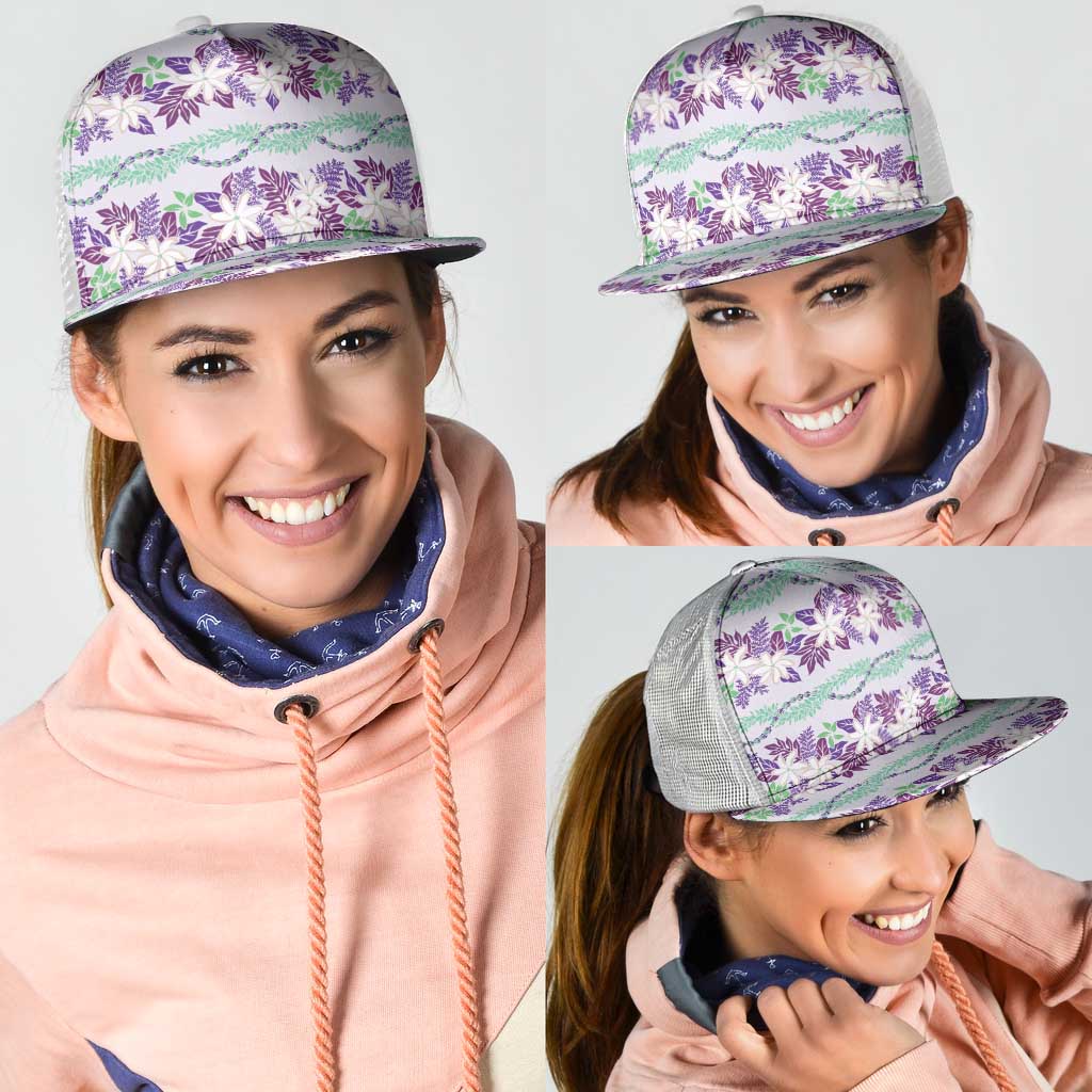 Monstera Tiare Plumeria Lei Pattern Mesh Trucker Cap Purple Version LT01 - Polynesian Pride