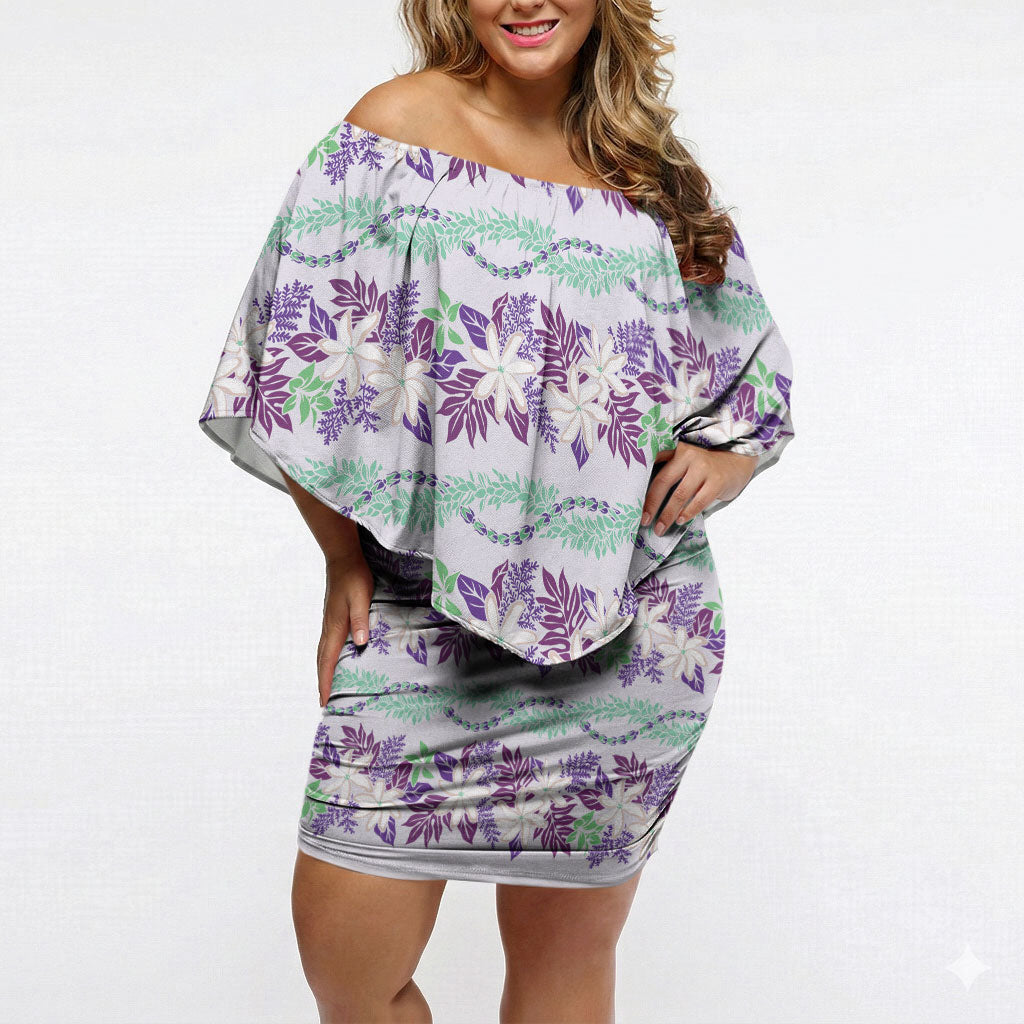 Monstera Tiare Plumeria Lei Pattern Off Shoulder Short Dress Purple Version LT01 Women Purple - Polynesian Pride
