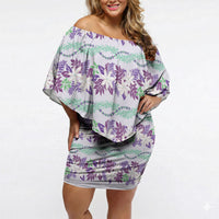 Monstera Tiare Plumeria Lei Pattern Off Shoulder Short Dress Purple Version LT01 Women Purple - Polynesian Pride