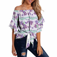 Monstera Tiare Plumeria Lei Pattern Off Shoulder Wrap Waist Top Purple Version LT01 Purple - Polynesian Pride