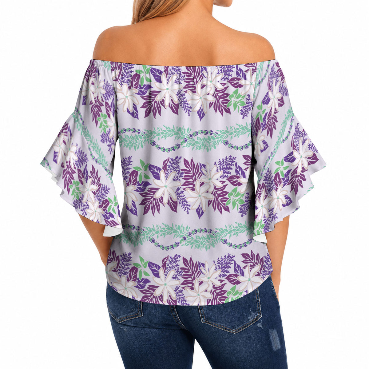 Monstera Tiare Plumeria Lei Pattern Off Shoulder Wrap Waist Top Purple Version LT01 - Polynesian Pride