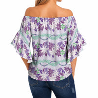 Monstera Tiare Plumeria Lei Pattern Off Shoulder Wrap Waist Top Purple Version LT01 - Polynesian Pride