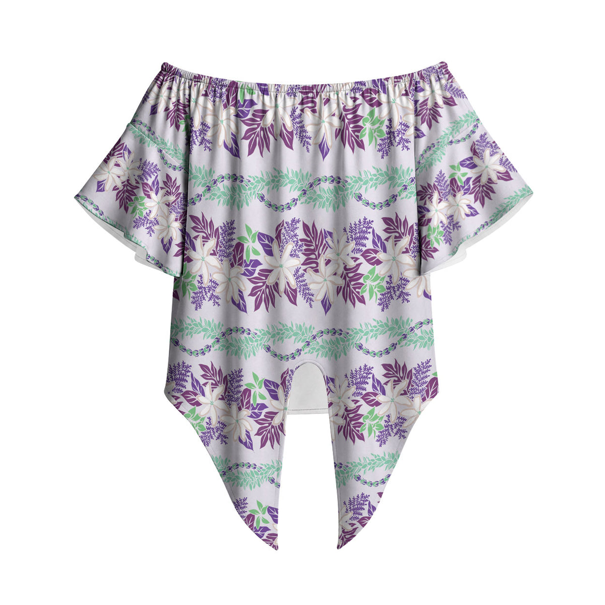 Monstera Tiare Plumeria Lei Pattern Off Shoulder Wrap Waist Top Purple Version LT01 - Polynesian Pride